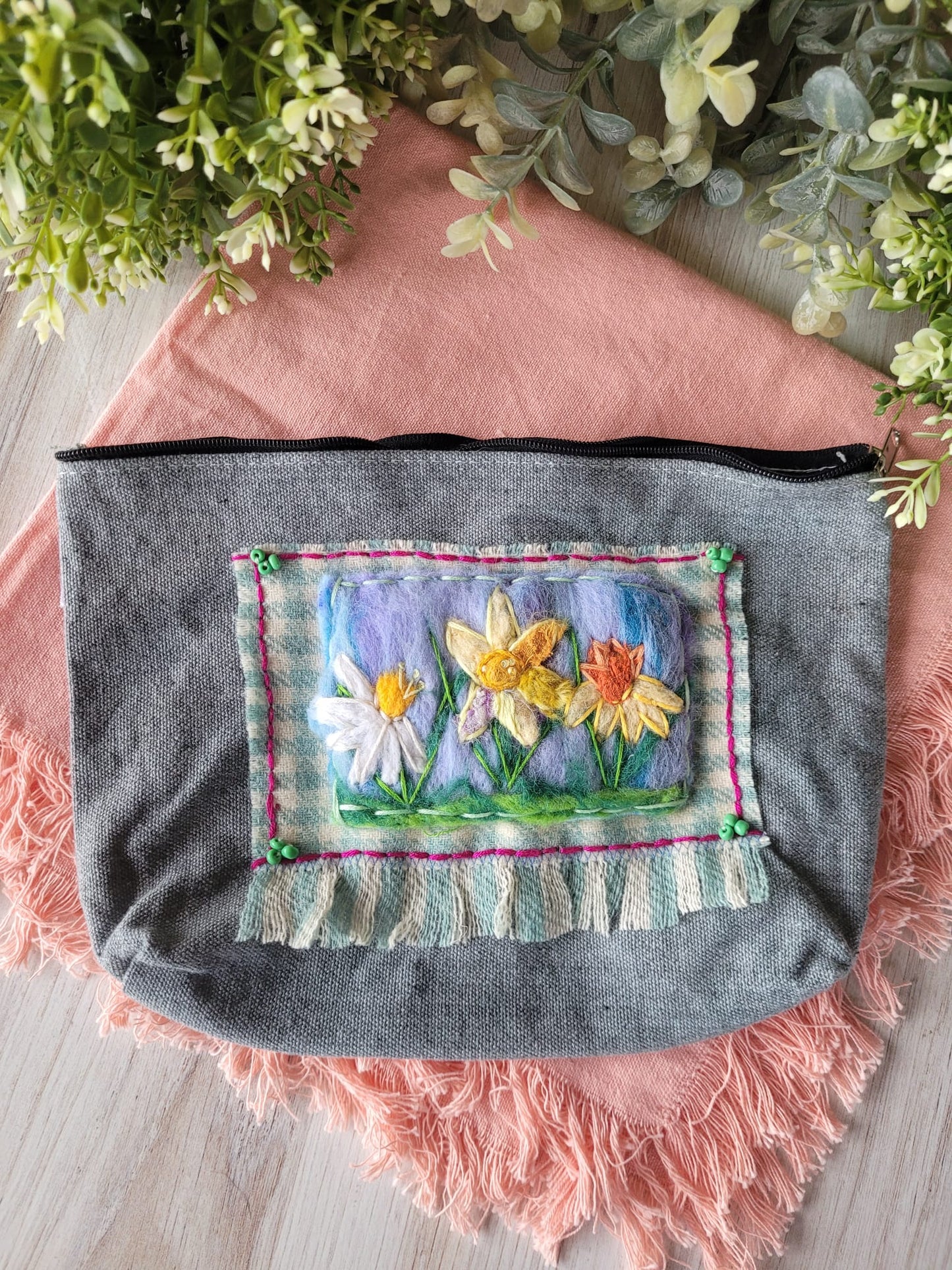 Felted Daffodil Zipper Pouch
