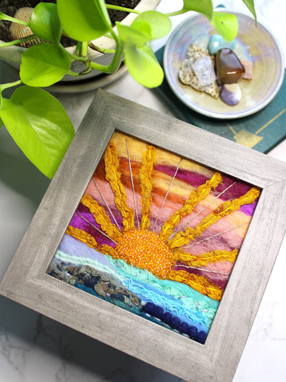 the early bird gets the sunrise | Framed Sunrise/Sunset Textile Collage