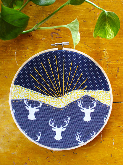 Art for Gaza | Blue & Yellow Deer Sunrise Fabric Collage by Beth