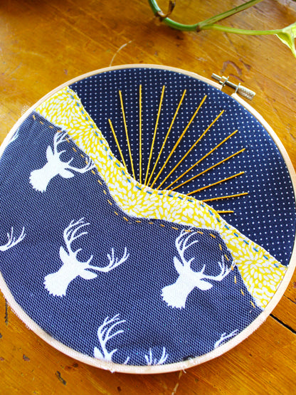 Art for Gaza | Blue & Yellow Deer Sunrise Fabric Collage by Beth