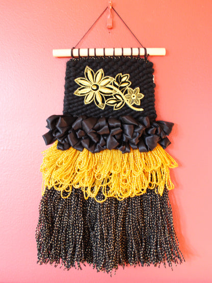 Art for Gaza | Black and Gold Floral Weaving by Seespriya