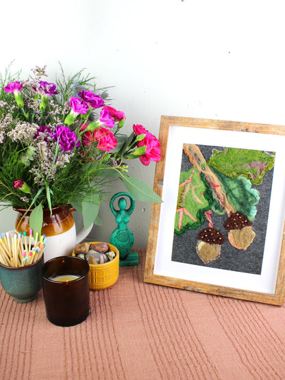 Summer Oak & Acorns Textile Collage | Original One-of-a-Kind