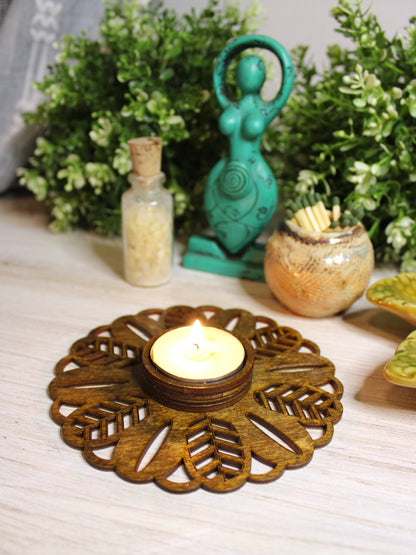 Wooden Botanical Tea Light Candle Holder