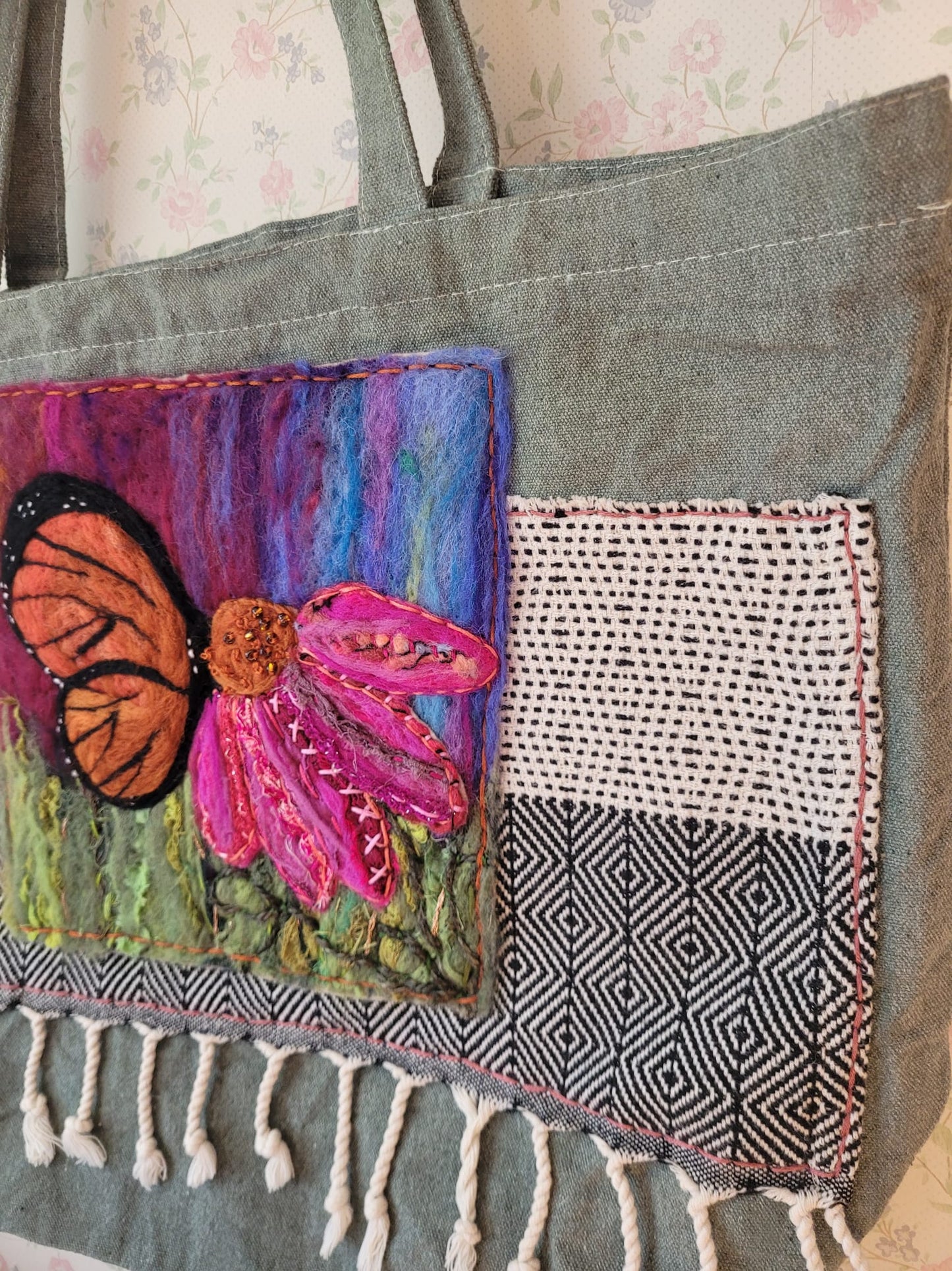 Textile Collage | Monarch Butterfly & Coneflower Totebag