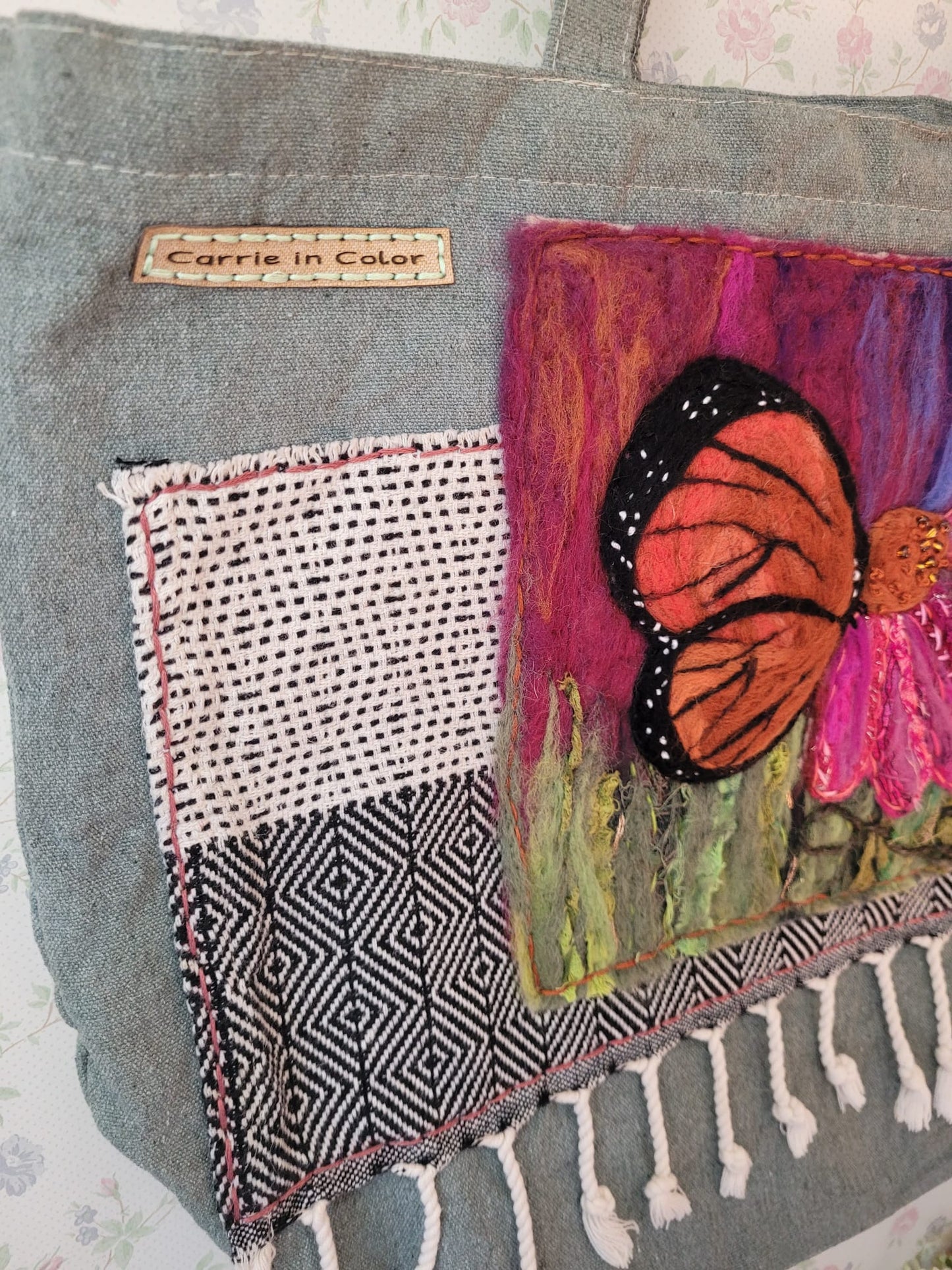 Textile Collage | Monarch Butterfly & Coneflower Totebag