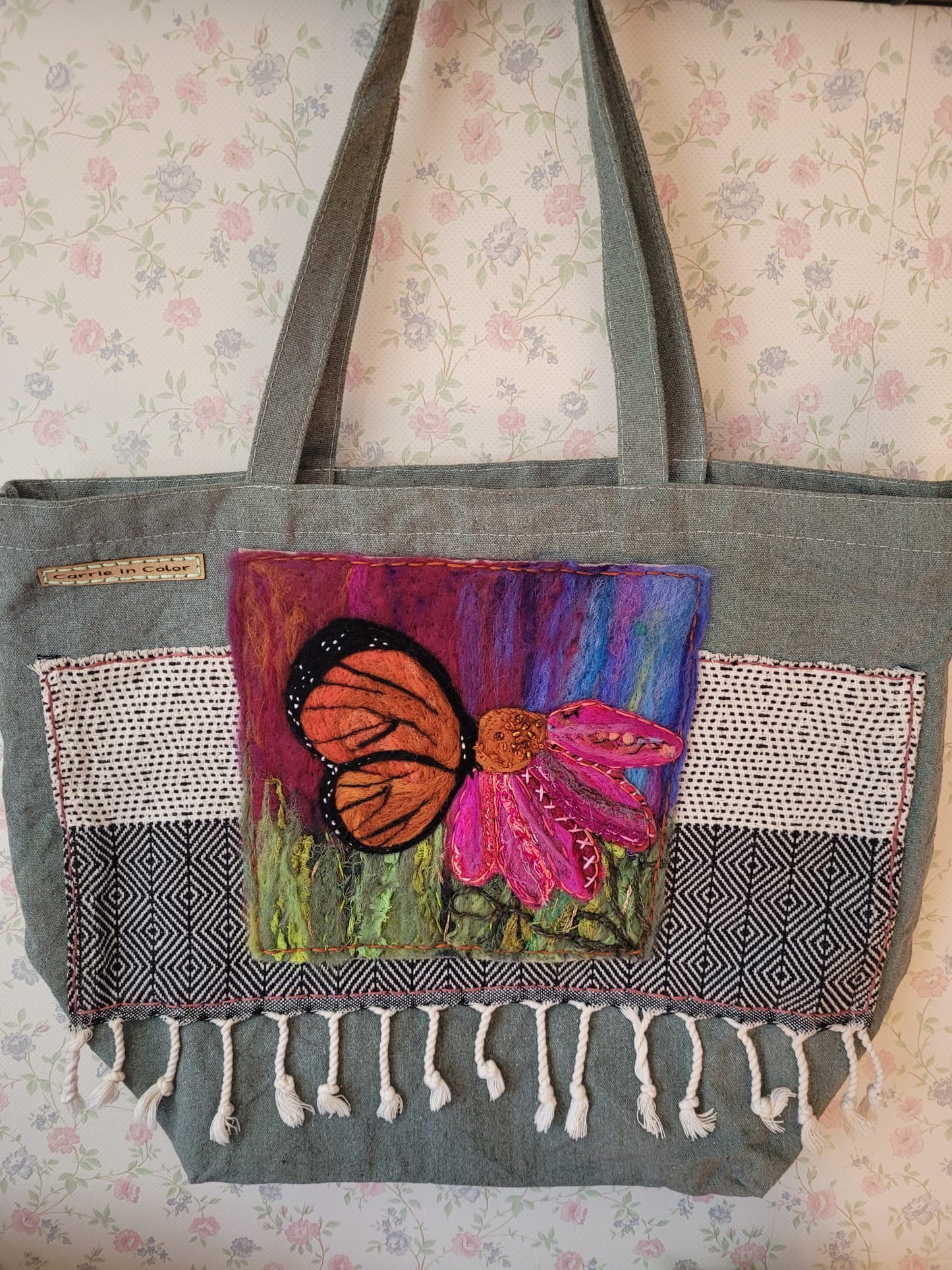 Textile Collage | Monarch Butterfly & Coneflower Totebag