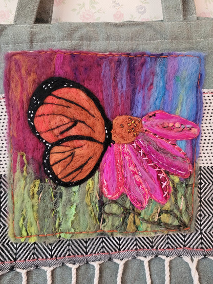 Textile Collage | Monarch Butterfly & Coneflower Totebag