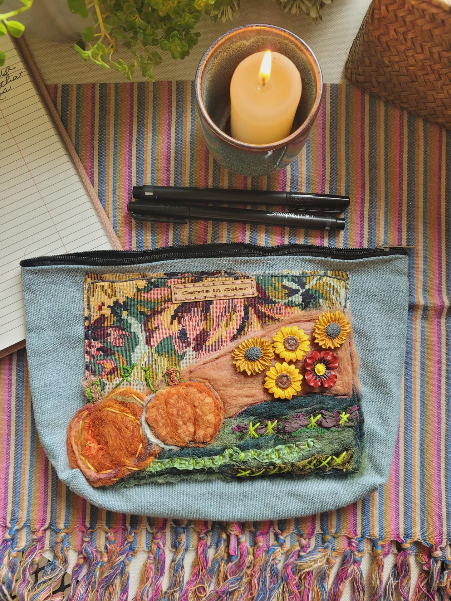 Textile Collage | Pumpkin Sunflower Pouch