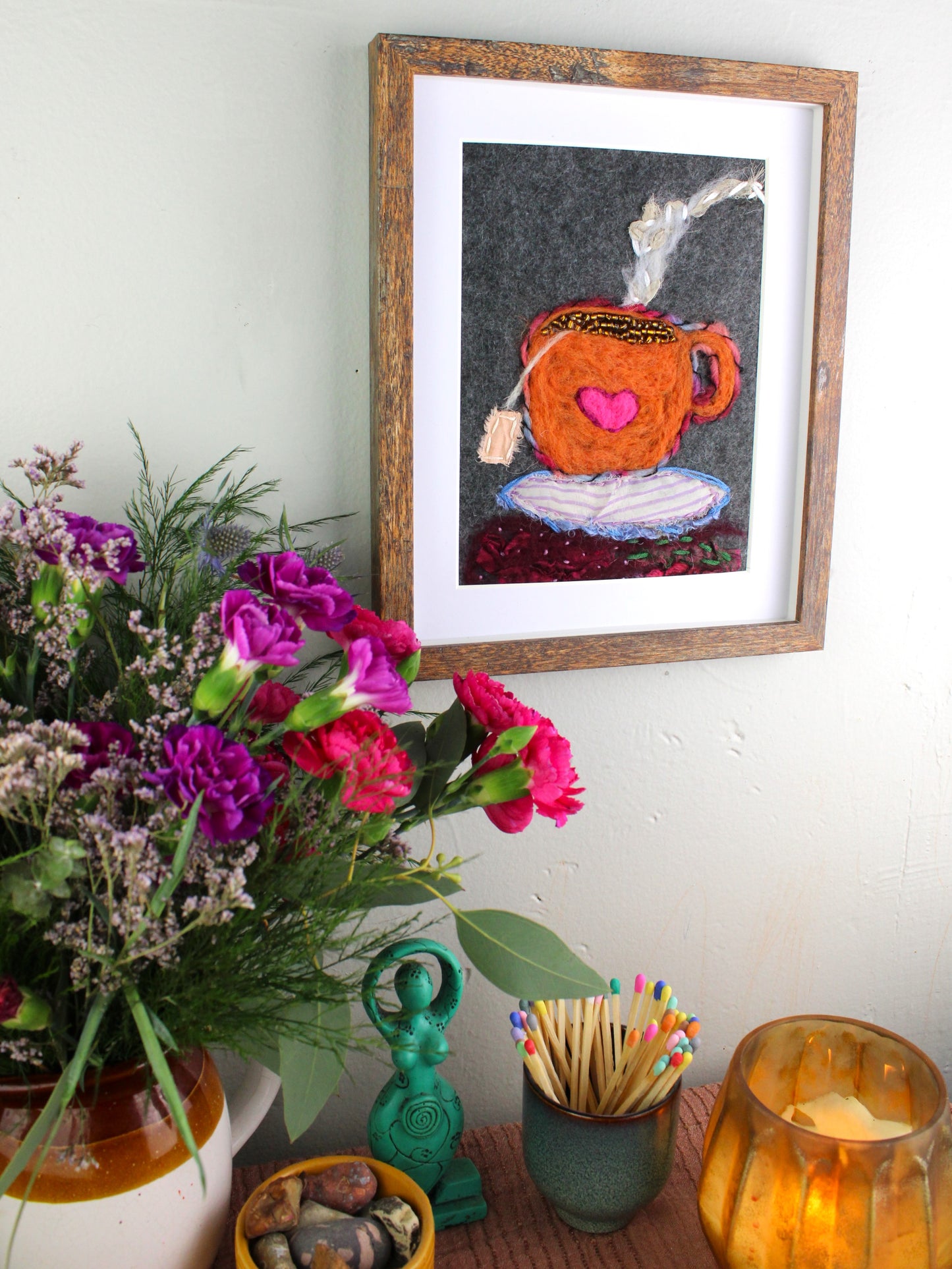 Orange Teacup Textile Collage | Original One-of-a-Kind