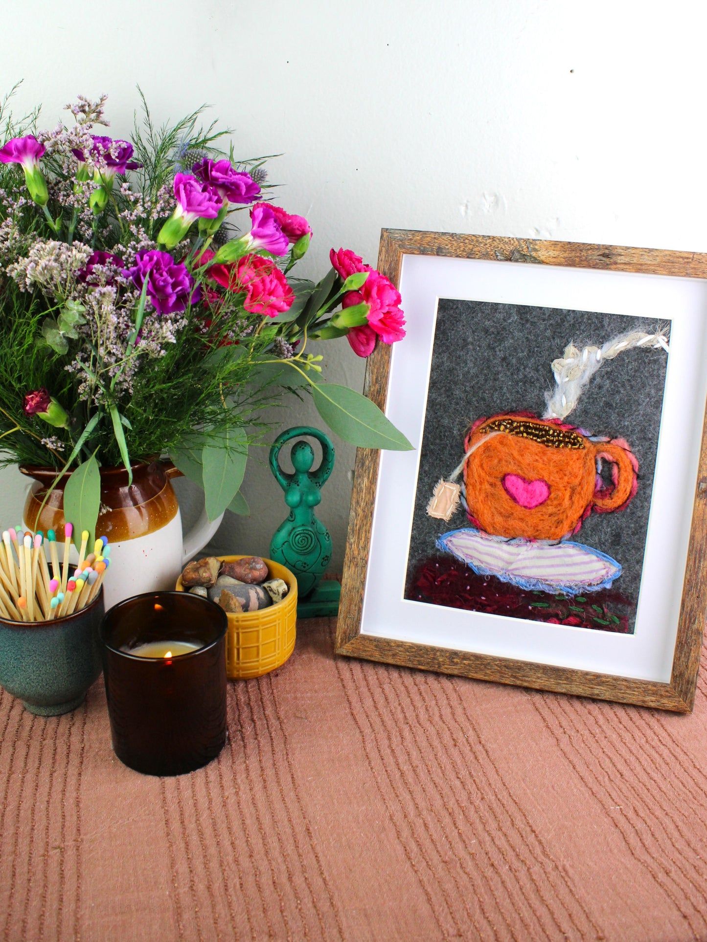 Orange Teacup Textile Collage | Original One-of-a-Kind