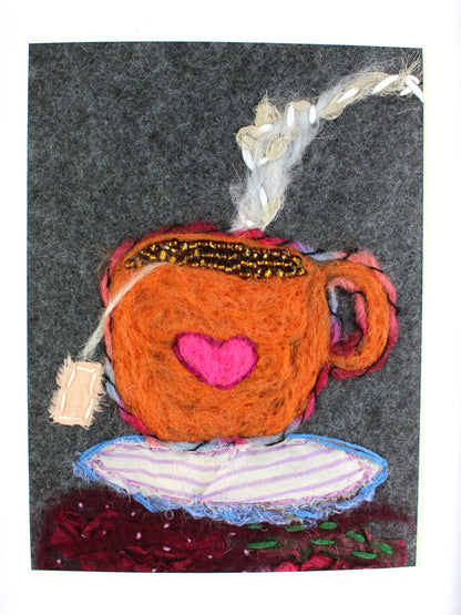 Orange Teacup Textile Collage | Original One-of-a-Kind