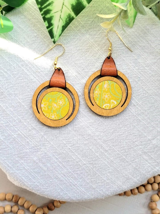 Heather | Yellow Floral + Leather Dangles